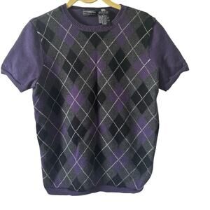 For Fall 2026! 100% Wool Liz Claiborne Deep Purple & Black Argyle SS Knit Sweate